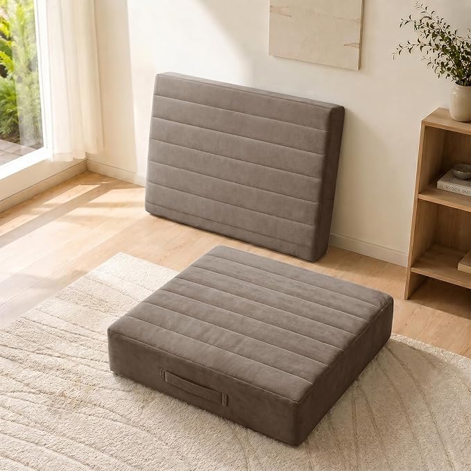 JKMAX 2 Pcs High Density Foam Floor Pillow - Upgraded Large Pillows Seating for Adults - Outdoor Floor Cushion with Soft Tufted Cover - Yoga Pillows for Sitting On Floor - 22 Inch Coffee