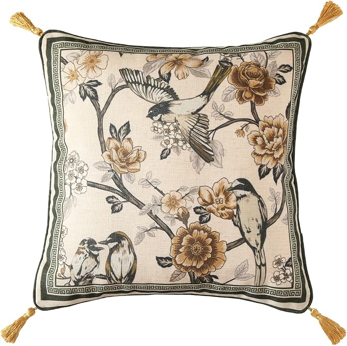 ISAENNE Vintage Elegant Linen Square Throw Pillow Cover,18"x18"-Murad A | Designer French Decor Pillow Cover,Concealed Zipper Design,Floral and Bird Pattern,Sofa,Bedroom,Living Room,Lounge Chairs