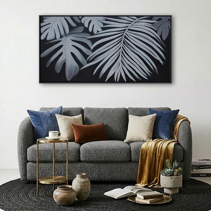 Large Black and White Botanical Wall Art - Modern Abstract Canvas Plant Pictures for Living Room, Framed Minimalist Artwork, Neutral Nature Wall Paintings for Bedroom Decor 20×40In