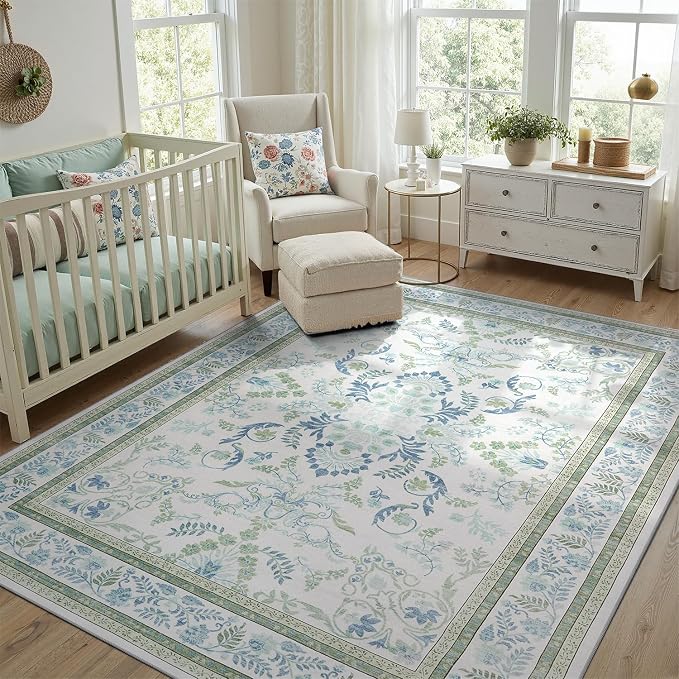 DCX Green 4x6 Rug, Kid & Pet Friendly with Rubber Back Non Slip, Machine Washable Stain Resistant Botanical Floral Rug for Living Room, Bedroom, Soft Low Pile Large Nursery Carpet