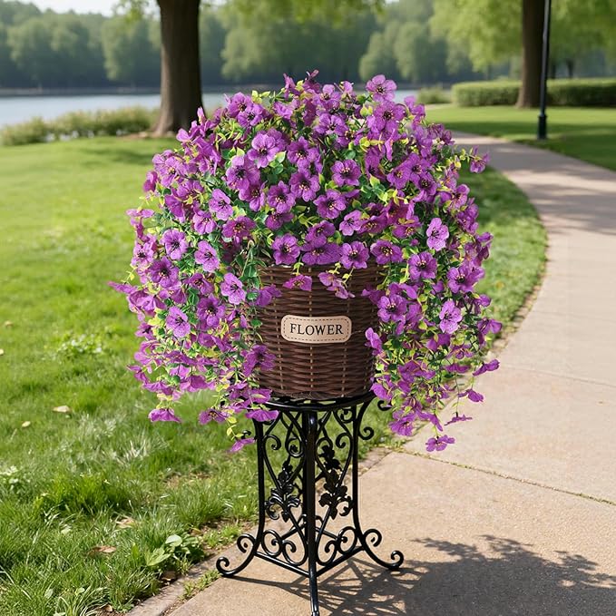 Artificial Flowers Hanging Baskets, 4 Bundles Outdoor Hanging Basket Spring Summer Decoration, No Fade Realistic Fake Flowers Plants for Porch Patio Balcony Home Yard Decor(Purple)