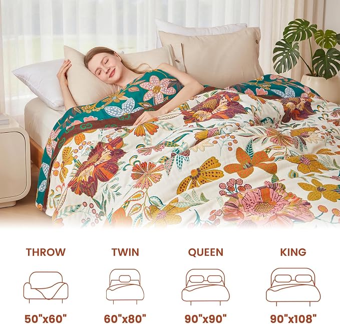 MSGKV Summer Throw Blanket for Couch, 100% Cotton Muslin Breathable Woven Bed Throws 60"x80" Boho Vintage Quilt for All Seasons Lightweight Farmhouse Blankets Home Decoration