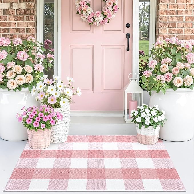 OLANLY Buffalo Plaid Rug 2' x 4'3" – Pink and White Cotton Checkered Doormat, Washable Indoor Outdoor Rug for Layered Front Porch, Kitchen, Entryway Decor