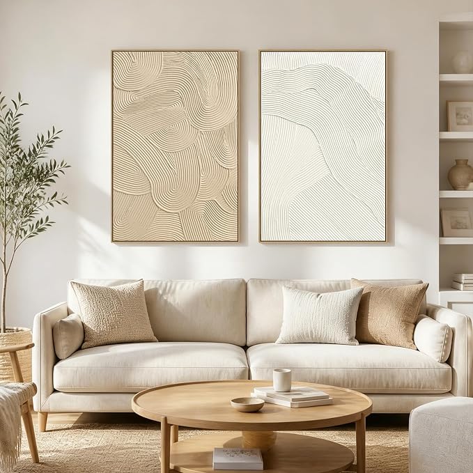 SAFERRYHOME Neutral Abstract Hand Painted Wall Art, Textured, 24"x36"x2 | Large 3D Framed White and Brown Wall Decor, Modern Painting Minimalist Geometric Texture Artwork for Home Office Living Room