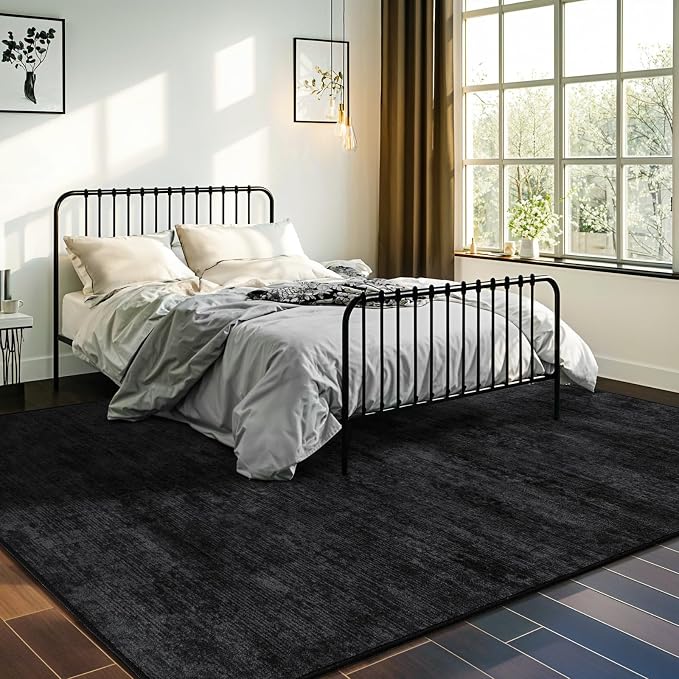 6x9 Washable Area Rug, Black Solid Area Rugs for Living Room & Bedroom | Stain-resistant & Non-slip backing,Low Pile Washable Large Carpet, Solid Vintage Style For High Traffic Areas(6x9,Black)
