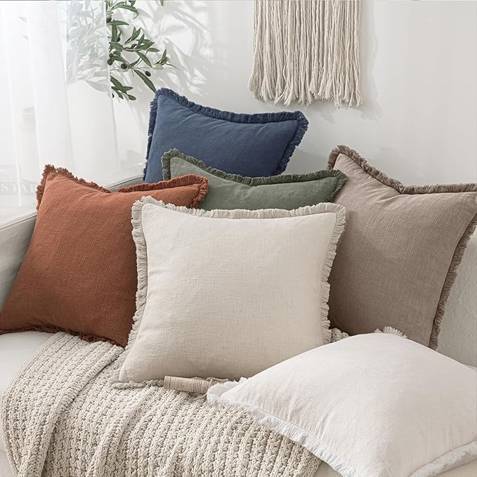 MIULEE Decorative Throw Pillow Covers Neutral Linen Fringe Throw Pillows Euro Shams Set of 2 Dune Boho Farmhouse Cushion Covers for Couch Sofa Bed Living Room Spring Home Decor 22x22 Inch