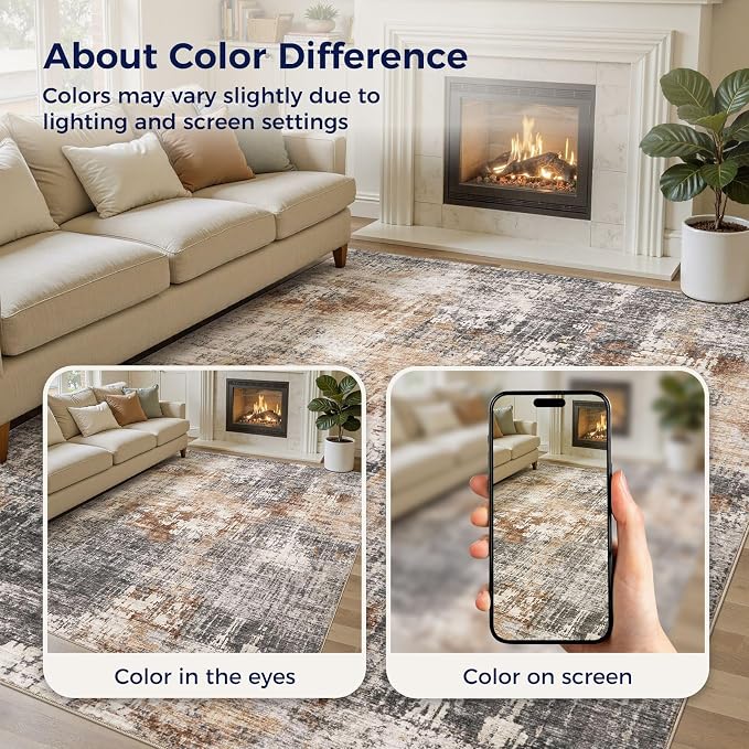 DMOYEST Area Rug Living Room Rugs - 12x15 Washable Large Soft Indoor Neutral Modern Abstract Low Pile Rug Carpet for Bedroom Dining Room Farmhouse Home Office - Grey Brown