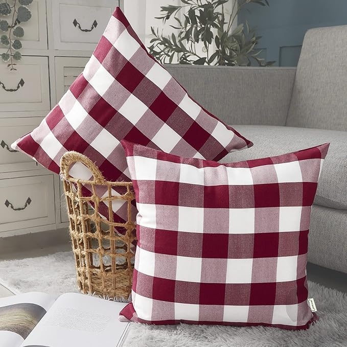 CARRIE HOME Red Buffalo Check Pillow Covers 18 x 18 Set of 2 Red Plaid Check Outdoor Pillow Covers 18x18 Burgundy Throw Pillows for Christmas Decor