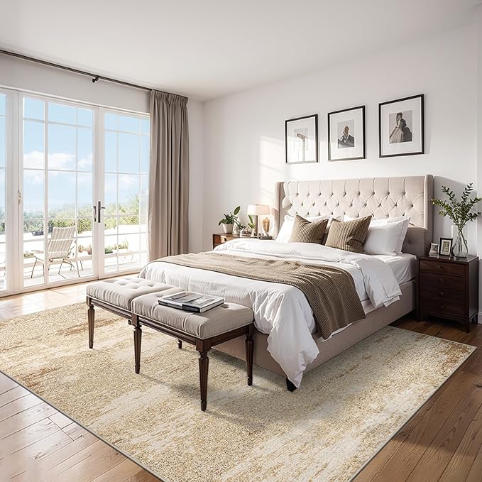 Area Rugs 10x14 Living Room - Washable Rug Modern Abstract Soft Large Neutral Non-Slip Carpet Indoor Floor Thin Carpets for Bedroom Dining Room Farmhouse Nursery Home Office Beige
