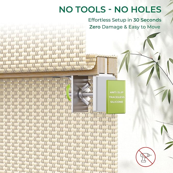 Allesin zen No Drill Cordless Bamboo Roman Shades, Light Filtering 34.5" W x 64" H, Ivory