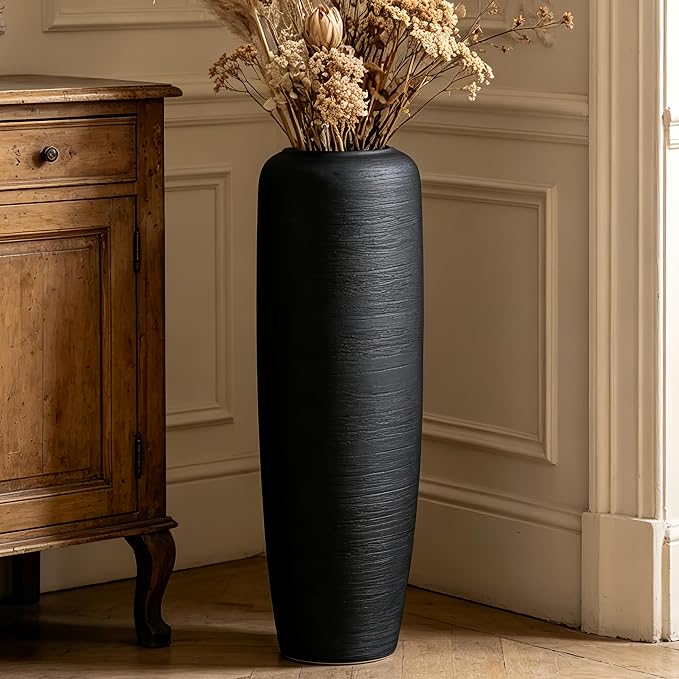 Large Rustic Ceramic Black Vase,23.6 Inch Tall Pottery Farmhouse Decor Floor Vase Vintage Flower Vases for Home Living Room Entryway Table Centerpiece Decor,Terracotta Vases,Wedding Gift