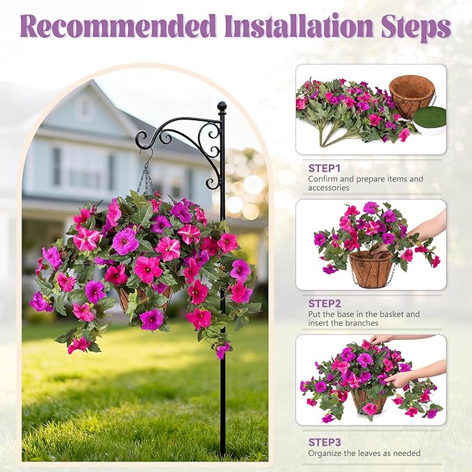Artificial Petunia Flowers with Hanging Basket for Outdoors, 3 Pcs Fake Hanging Flowers UV Resistant Faux Silk Plants in Basket for Garden Porch Yard Patio Realistic Home Spring Decor(Purple Fuchsia)