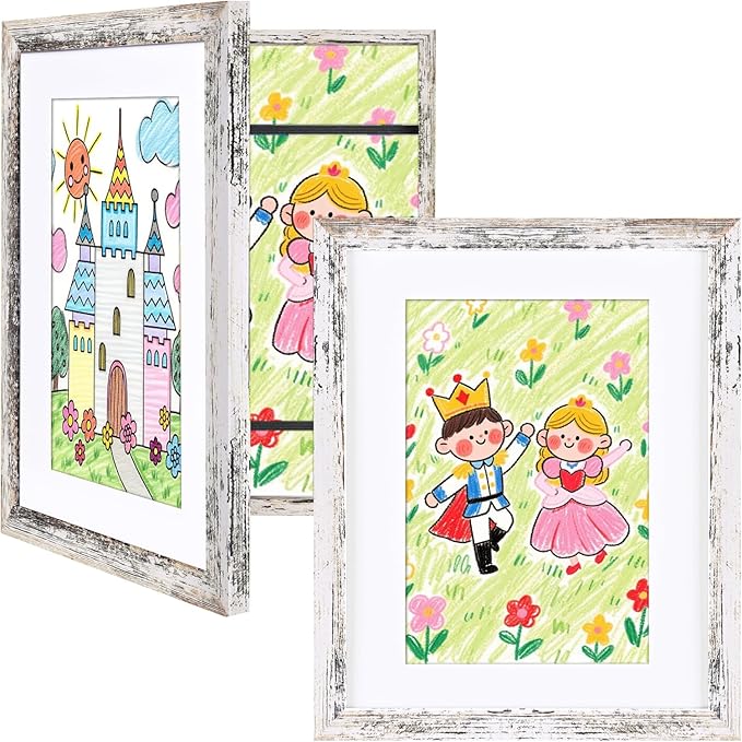 KINLINK 8.5x11 Kids Art Frame Set of 2, Solid Wood Kids Artwork Frames Changeable with Front Opening Hold 150 Pictures, Art Frames for Kids Art with Mat，without Mat 8.5x11 Picture Frame Rustic White