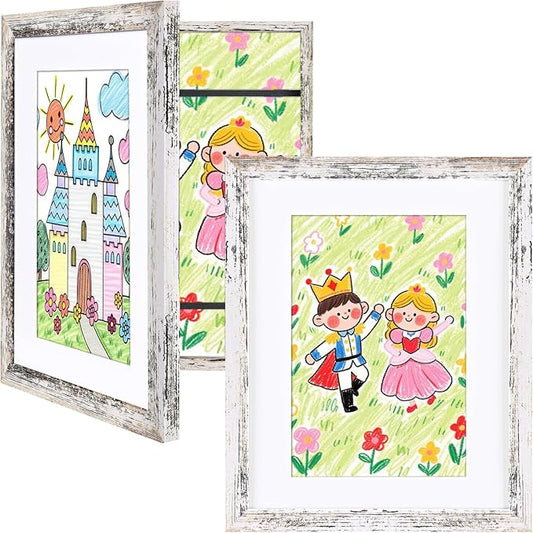 KINLINK 8.5x11 Kids Art Frame Set of 2, Solid Wood Kids Artwork Frames Changeable with Front Opening Hold 150 Pictures, Art Frames for Kids Art with Mat，without Mat 8.5x11 Picture Frame Rustic White