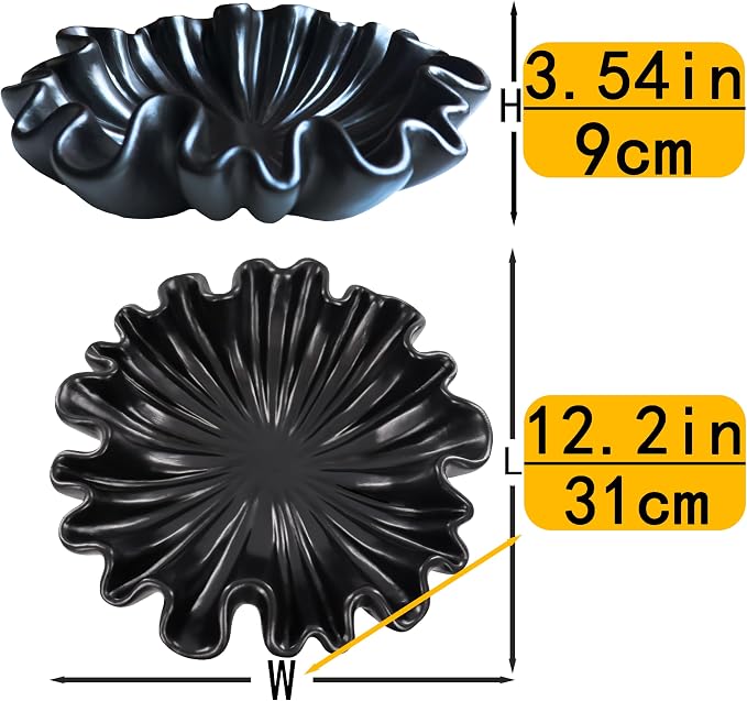 12" Large Decorative Bowl decor - Scalloped Decorative Bowls for Home Decor - Organic Fluted Modern Home Decor,Ruffle Decor key bowl,bowl for keys,Black