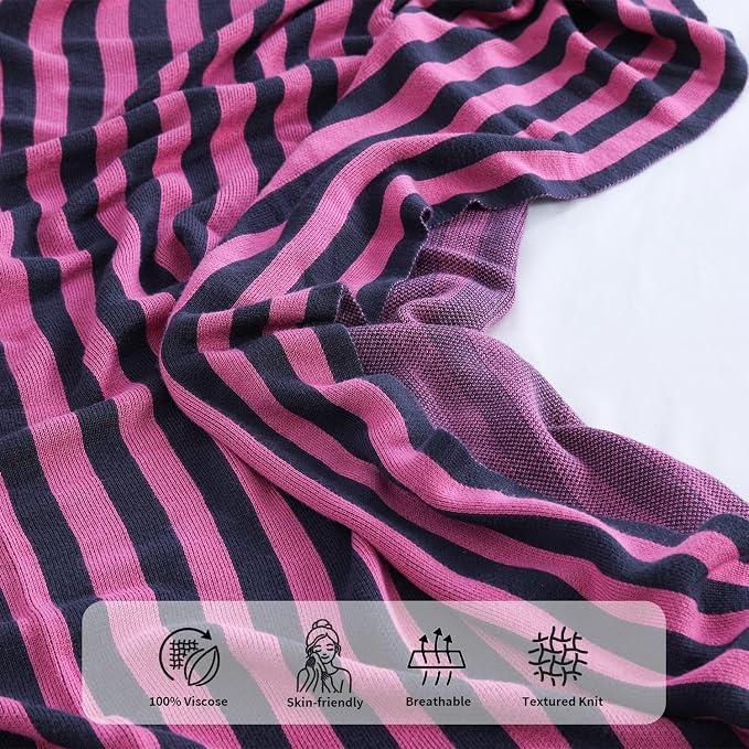 BOV Knit Lightweight Summer Blanket - 100% Viscose Super Soft Breathable Decorative Throw Blanket for Chair Couch Sofa Bed, Perfect Self Care Gifts for Women, Berry & Charcoal Stripe 50"x60"