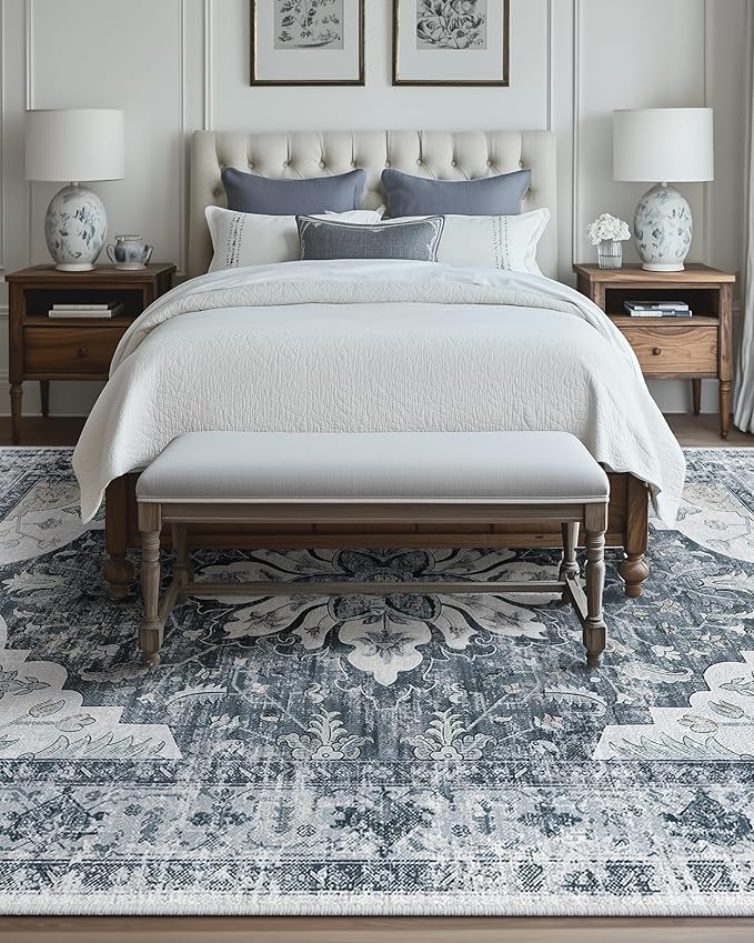 RELEANY Area Rugs 9'x12' Washable Non-Slip, Floral Vintage Distress Print Pattern Medallion Carpet for Living Room Bedroom Dining Room, Light Gray Grey White