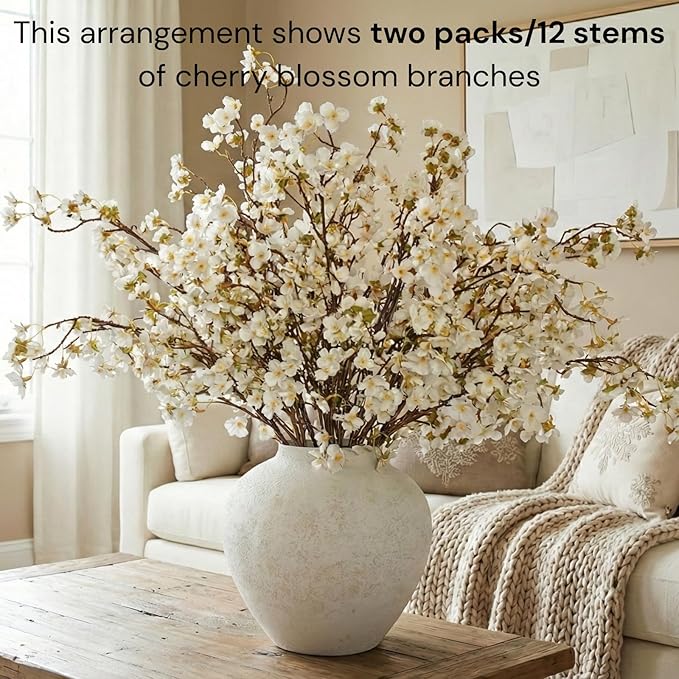 White Cherry Blossom Branches – 6 Pcs 33.5" Long Stem Artificial Flowers for Tall Vase, Premium Faux Silk Spring Decor, Realistic Fake Cherry Blossoms for Home, Wedding & Table Centerpieces