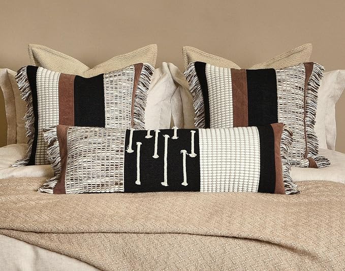 Boho Lumbar Pillow Cover 14x36 with Handmade Drawn Work Tassel | Long Lumbar Pillow Decorative Farmhouse Pillows Cushion Case for Bed Couch