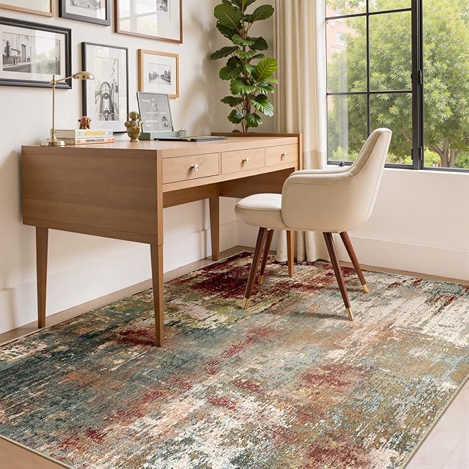 RELEANY Washable Area Rugs 4'x5' Non-Slip Modern Abstract Soft for Living Room Entryway Bedroom Nursery, Print Pattern, Brown Rust Red Green Blue Multi