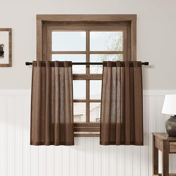 Caramel Brown Linen Kitchen Curtains 36 Inch Length 2 Pack Light Filtering Semi Industrial Style Transparent Linen Blend Short Drapes Back Tab Rod Pocket for Small Windows Cafe Bathroom 26Wx36L