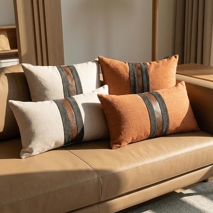 BOYSUM Set of 2 Leather Throw Pillow Covers Lumbar Cotton Linen Decor Patchwork Pillow Cover Faux Leather Pillows Cover for Couch Sofa Living Room Bedroom,Orange 12"x20"
