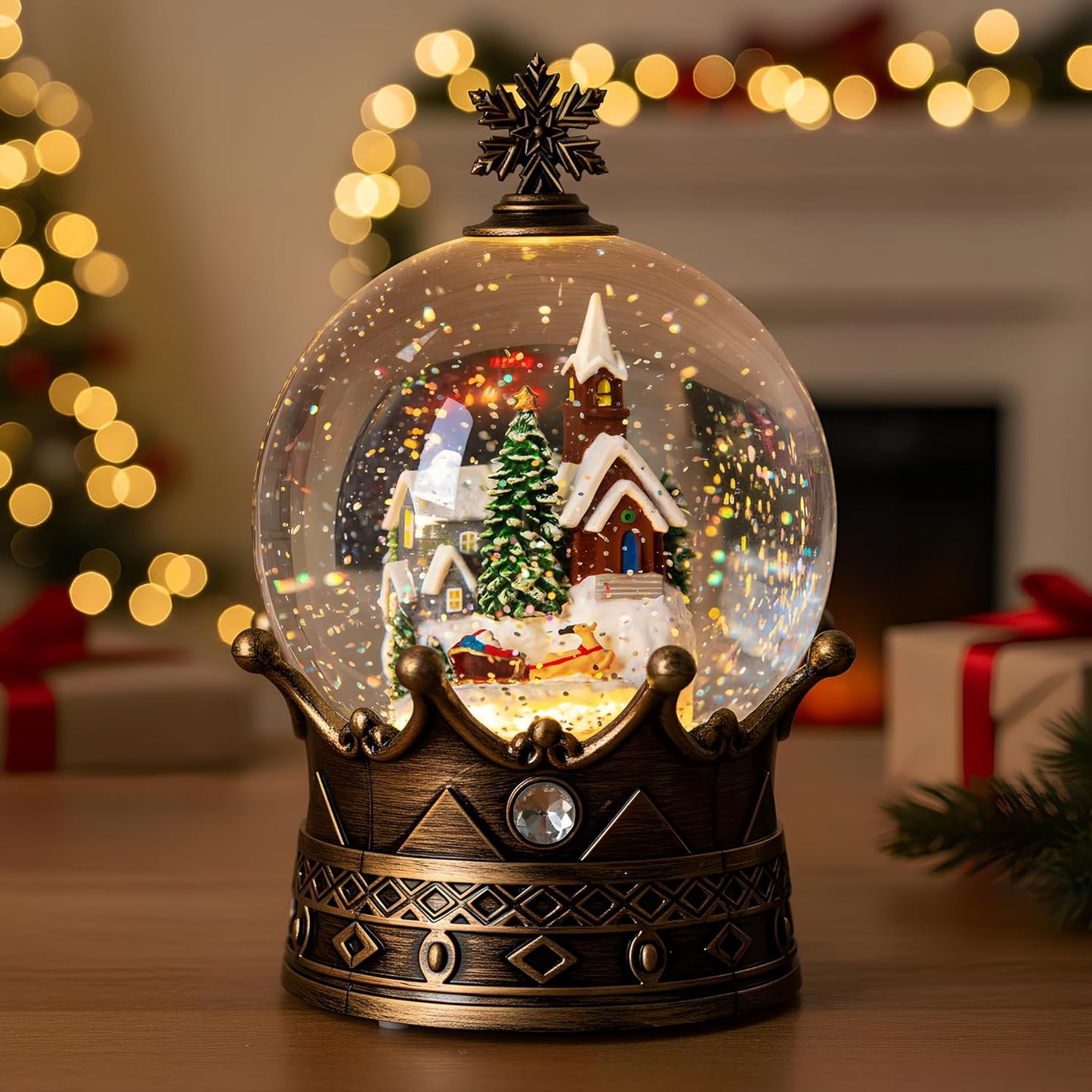 Christmas Snow Globe Lantern Water Glittering Village & Santa Crown with Music, USB Lined/Battery Operated Lighted Lantern for Christmas Festival Decoration Gifts