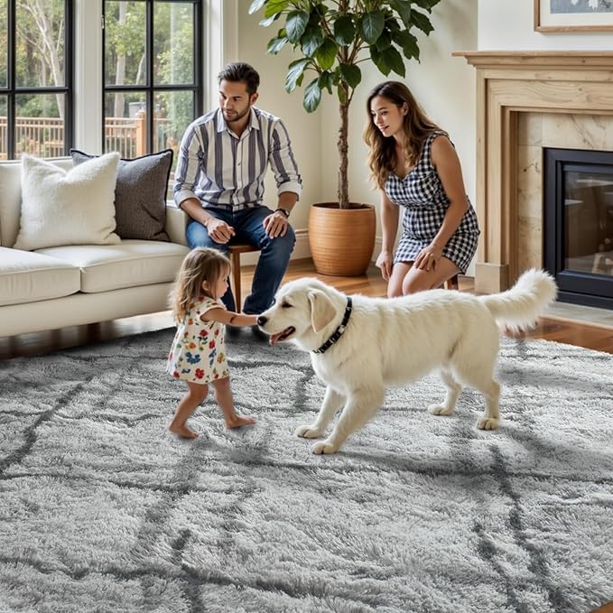 FinRèc Area Rugs for Bedroom Living Room, 4x6 Feet Fluffy Shaggy Rug, Non-Slip Soft Shag Rug for Nursery Kids Room Dorm Room Home Decor, Indoor Plush Floor Carpet Star Grey