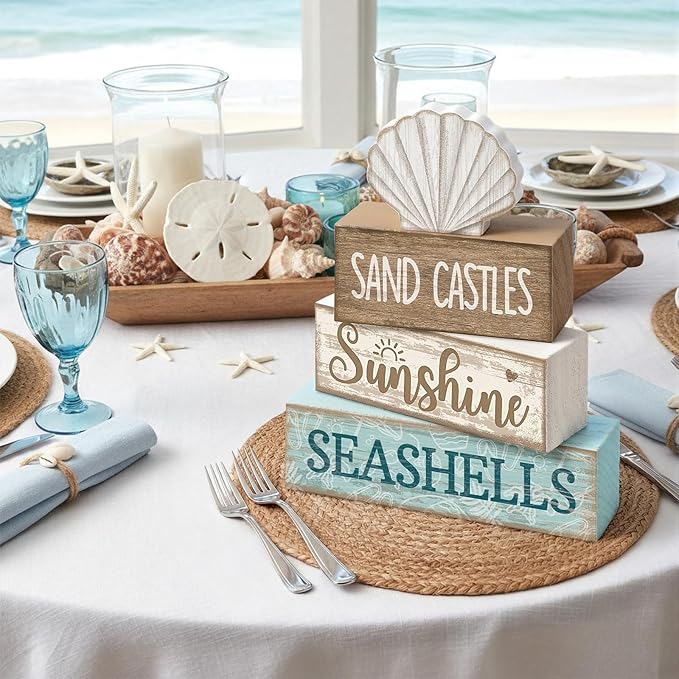 Yuntau 4 Pcs Summer Decorations for Home Shells Wooden Tabletop Decor Summer Tiered Tray Decor Rustic Wood Block Sign Gift Centerpiece Farmhouse Table for Shelf Office