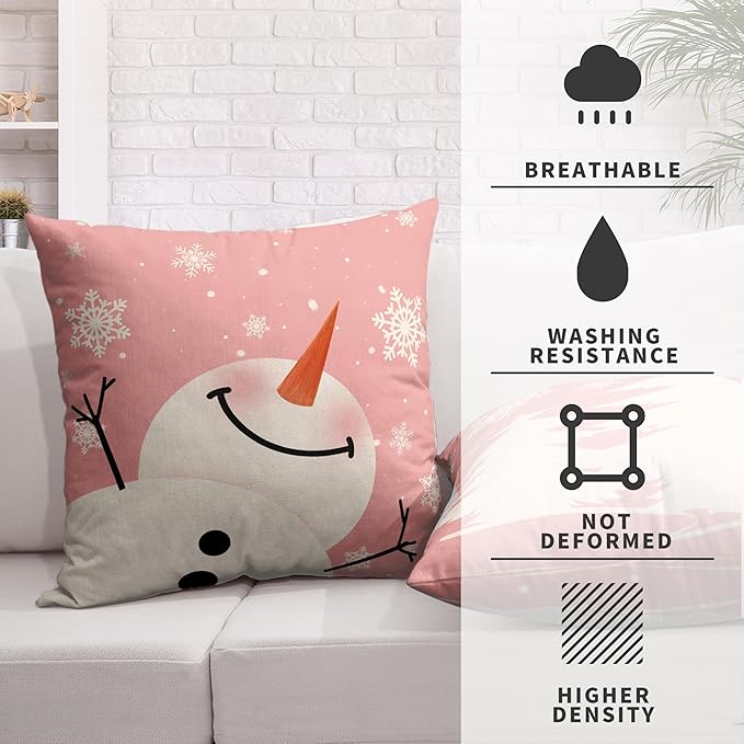 Set of 2 Snowman Throw Pillow Covers 24x24 Pink Christmas Pillowcase White Xmas Tree Pillow Covers Cotton Linen Cushion Case for Holiday Decorations Living Room Couch Sofa