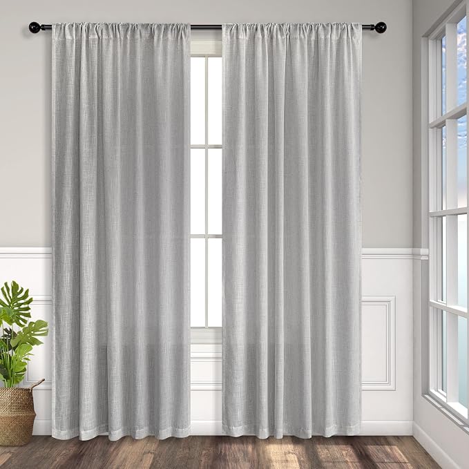 Gray Curtains 54 Inch Length for Boys Bedroom 2 Panels Pocket Back Tab Linen Sheer Subtle Woven Cotton Textured Light Reducing Grey Short Curtains for Childrens Room Playroom Bathroom 52 x 54 Long
