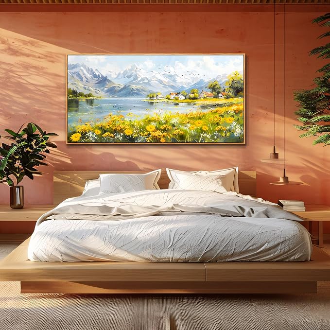 XIGUANGART Framed Canvas Wall Art Vintage Decor, Landscape Wall Art, River with Flowers Art, Modern Farmhouse Decor, Cottagecore Bedroom Bathroom Office Decorations, Living Room Pictures，20"x40"