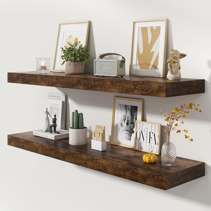 FLYJOE 48 Inch Floating Shelves | 12 Inch Deep Floating Shelves Set of 2 | 48" W x 12" D Rustic Brown Wood Wall Shelves for Bathroom Living Room Kitchen Laundry Room