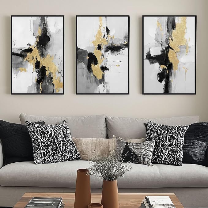 SAFERRYHOME Abstract Textured Framed Canvas Wall Art, Neutral Minimalist Wall Decor Modern Art Prints, Black Gold Wall Painting Artwork Pictures for Living Room,Bedroom,Dining Room,Office, 24"x36"x3