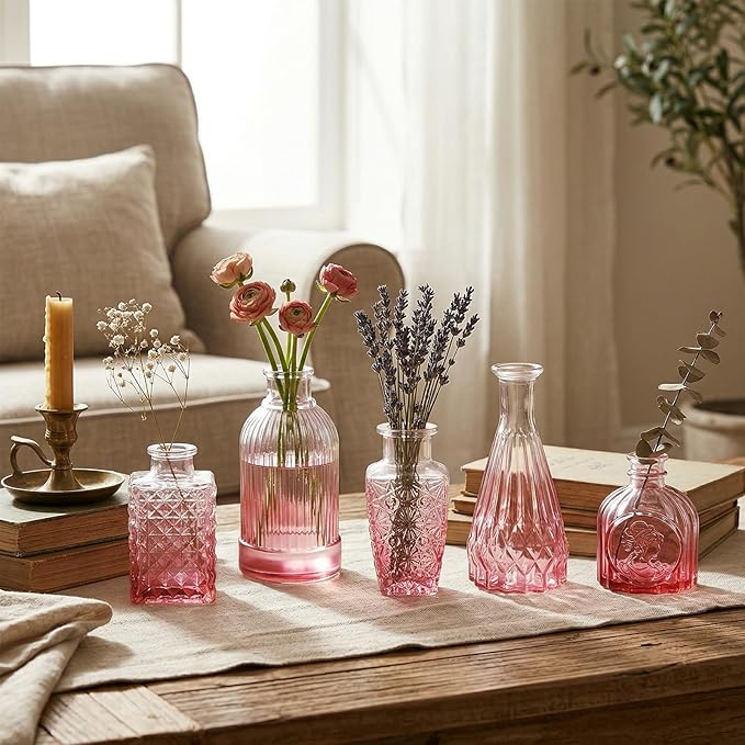12 Pack Pink Glass Bud Vase Set, Small Vintage Vases for Centerpieces, Decorative Flower Vases for Wedding Home Table Decor