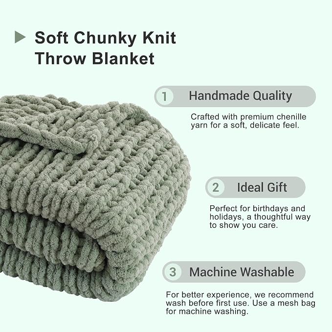 Battilo Sage Green Chunky Knit Throw Blanket, Soft and Thick Chenille Throw Blanket, 50"x60" Handmade Cable Knit Crochet Blanket, Cozy Knot Knitted Throw Blankets for Couch Home Decor, Light Green