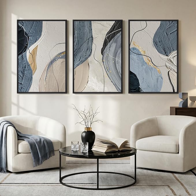 Large Framed Abstract Wall Art for Living Room, Set of 3 Modern Canvas Artwork for Wall, Blue Gray Minimalist Prints Paintings for Bedroom Hallway Office Wall Decor, 24x36 Inch