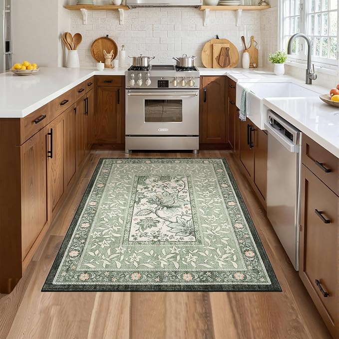 GarveeHome Provence Sage Green 3x5 Rug Washable Non-Slip Low-Pile Indoor Rugs for Entryway Botanical Grove Vintage Boho Cottage Throw Carpet for Kitchen Bedroom Living Room Bathroom Mat