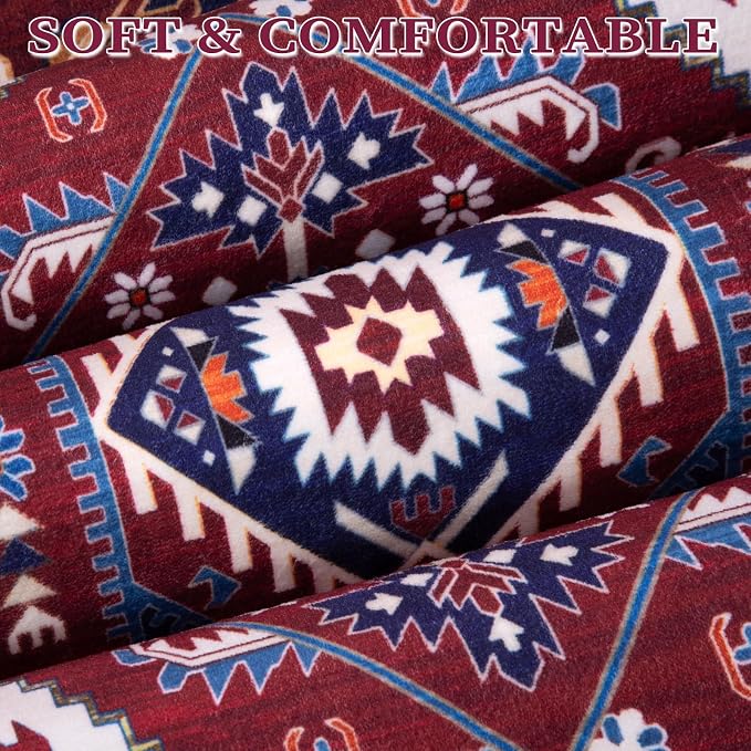 SERISSA 6x9 Area Rugs for Living Room, Large Washable Non-Slip Boho Rug, Ultra Soft Vintage Burgundy Navy Oriental Tribal Print Distressed Carpet for Dining Room Bedroom Dorm Office Home Decor