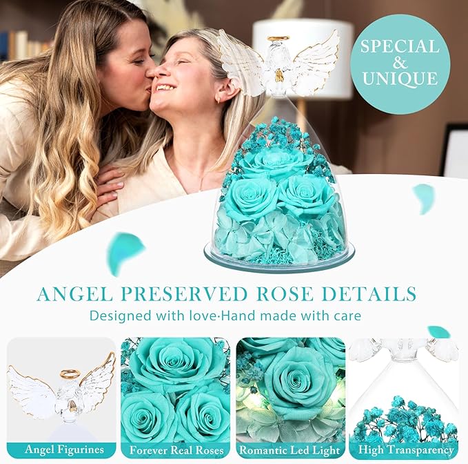 Flowers for Delivery Gifts for Mom Mothers Day Birthday Gifts for Women Grandma Fresh Preserved Flowers Forever Real Roses in Glass Angel Figurines Anniversary Present for Wife Her Friends Daughter