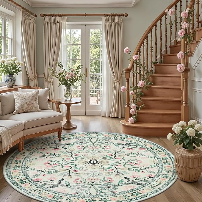 Round Area Rug for Living Room: 8 ft Floral Washable Circle Rug Soft Boho Non-Slip Carpet Indoor Floor Stain Resistant Low Pile Small Circular Rug for Bedroom Entryway Kitchen Nursery Green/Beige