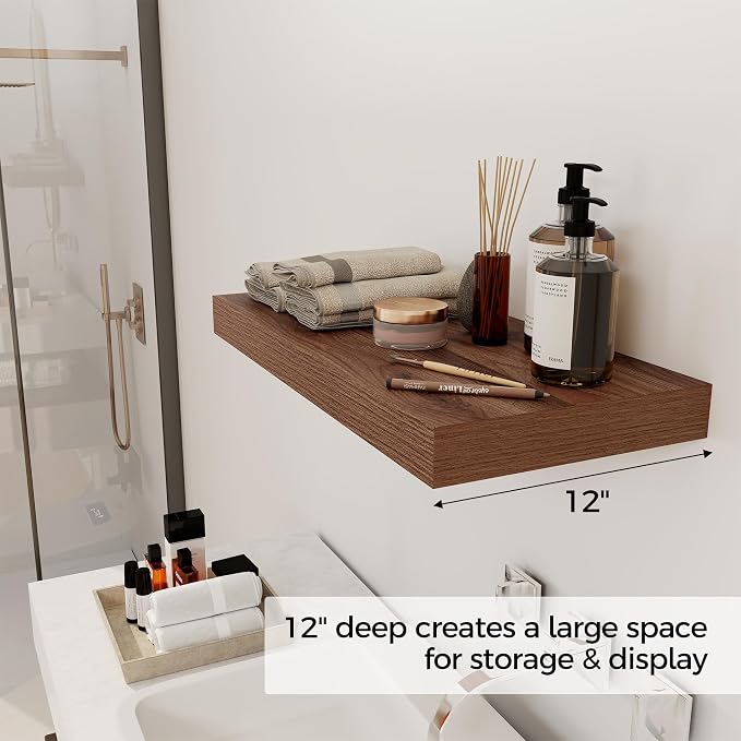 12 Inch Deep Floating Shelves, 24 x 12 Floating Shelf for Books, Rustic Wood Deep Wall Shelves for Home Storage & Display, 2" Thicked Shelves for Kitchen, Living Room, Bedroom, Walnut Color, 2 Pack