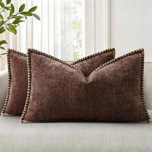 decorUhome Chenille Soft Cozy Throw Pillow Covers 12x20 Set of 2, Modern Farmhouse Boho Velvet Decorative Pillow Cases with Stitched Edge for Couch Sofa Bed Home Decor, Chocolate