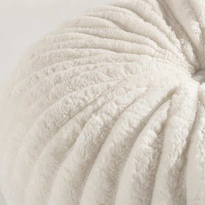 HIG Decorative Round Throw Pillows for Bed Couch - Set of 2 Handcraft Ruched Pumpkin Pillow, Soft and Durable Flannel Floor Pillow for Home Decor, Bed Living Room and Sofa (Off White,14.5"x14.5")