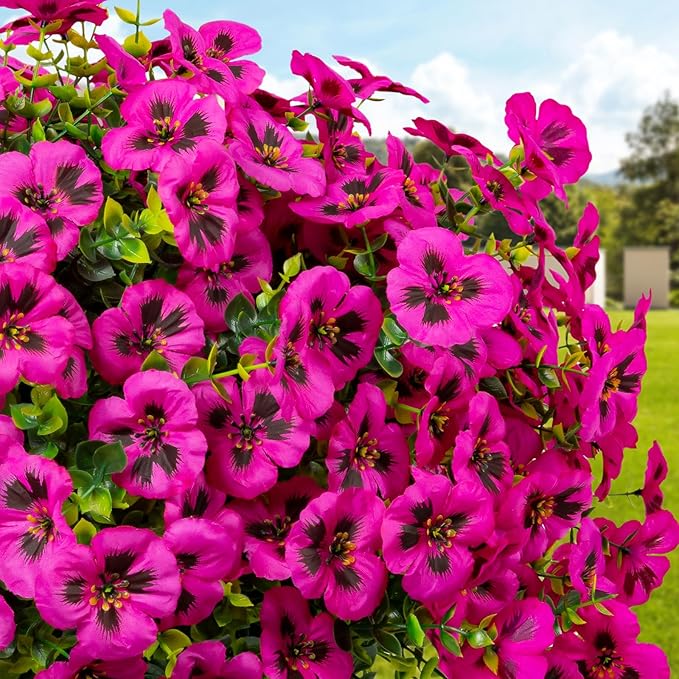24 Pcs Artificial Fake Pansy Flowers for Outdoor,Faux Silk Plants Flowers UV Resistant Pansies Spring Flowers for Planter Front Door Porch Yard Patio Garden Window Box Home Decor(Fuchsia)