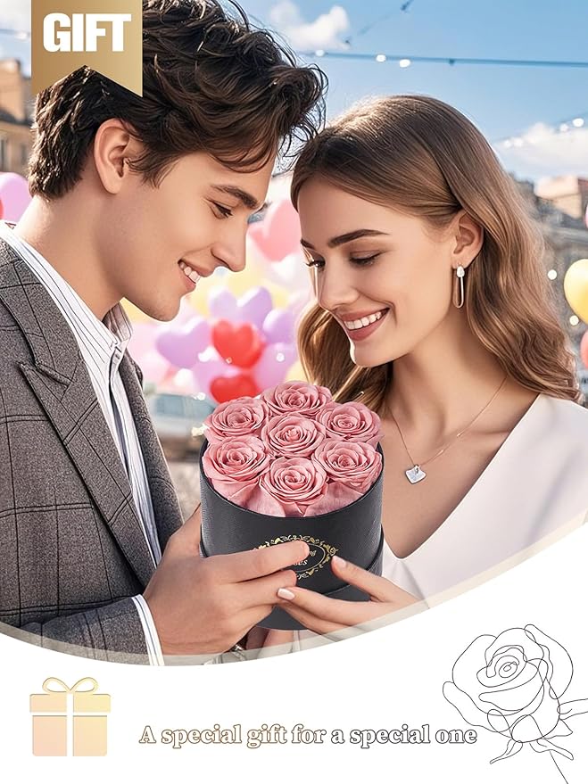 Beaulasting Long Lasting Preserved Roses in a Box Last a Year Forever Flowers for Her Mom Wife Anniversary Birthday (Round Black Box, Dusty Pink)