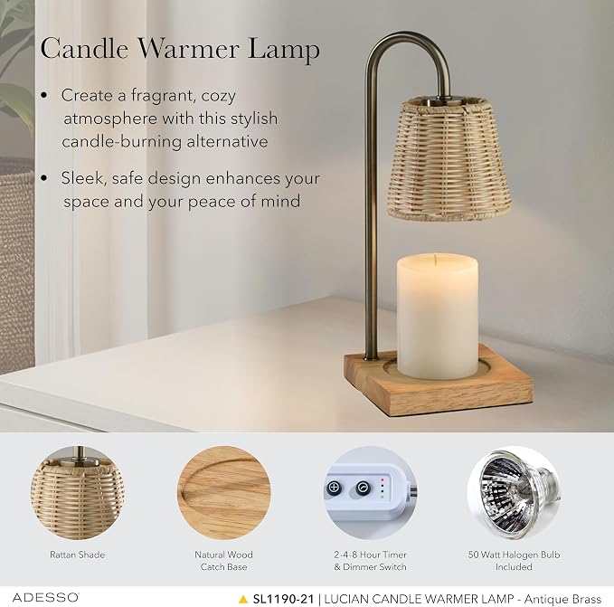 Adesso Candle Warmer Lamp – Flameless Candle Melter with Adjustable Timer & Dimmable Light, Bulb Included, Antique Brass Base & Rattan Shade, for Home, Dorm, or Office