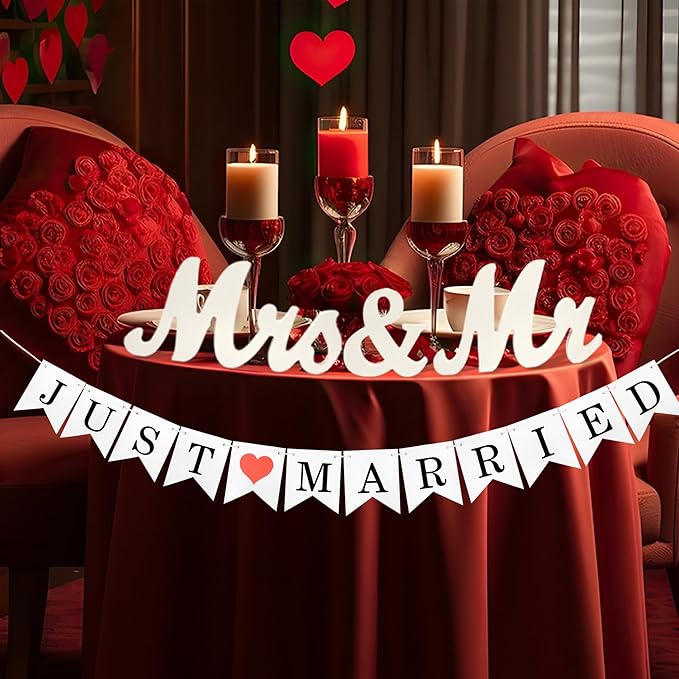 Mr Mrs Sign with Just Married Banner for Wedding Table, Mr and Mrs Wooden Letters, Mr. & Mrs. Wedding Decoration Items, Anniversary Party Vintage Decor (White W/banner)