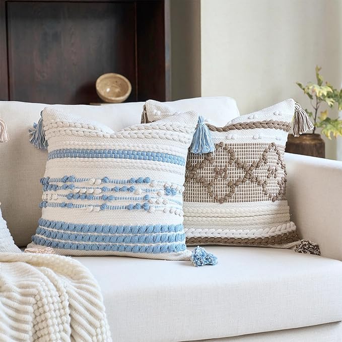 DEZENE Handmade Decorative Pillow Cover Boho Accent Woven Textured Square Throw Pillow Case for Couch Sofa Farmhouse Living Room Home Decor 18"x18" Sky Blue