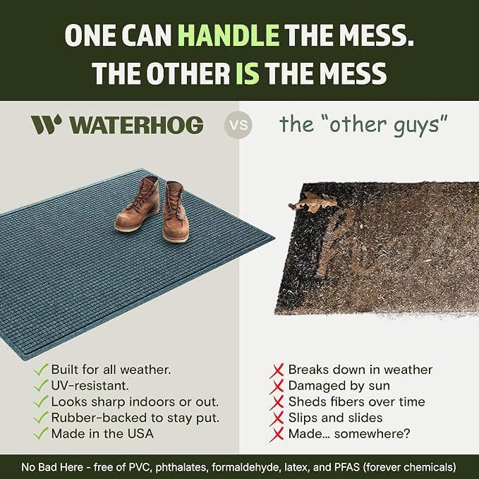 WaterHog Squares Front Door Mat Indoor Outdoor Entrance, Absorbent All-Weather Doormat with Non-Slip Rubber Backing, Dirt & Moisture Trapper, Low Profile, Easy Clean, Made in USA, 45.5"x70" Bluestone